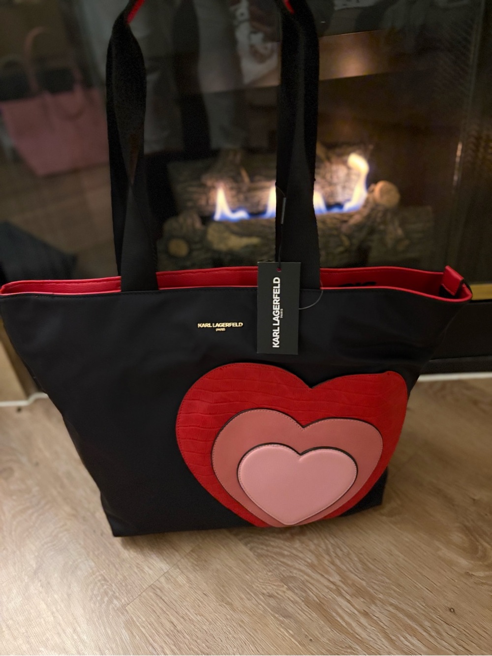 Karl Lagerfeld Black Tote with Layered Red and Pink Heart Design